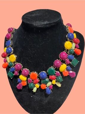 Multicolor Statement Bib Necklace - Vibrant Gem Drop Design